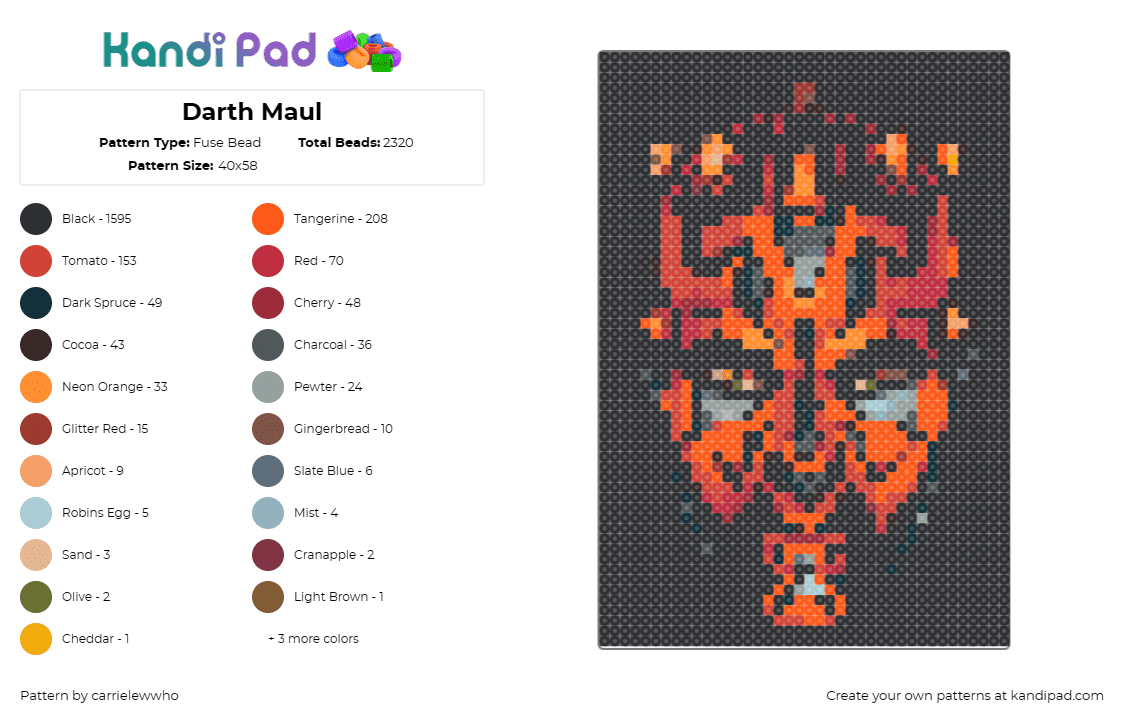 Darth Maul - Fuse Bead Pattern by carrielewwho on Kandi Pad - darth maul,star wars,jedi,character,scifi,movie,villain,red,black