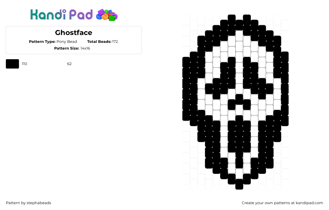 Ghostface - Pony Bead Pattern by stephabeads on Kandi Pad - ghostface,scream,slasher,villain,character,charm,head,mask,halloween,movie,black,white