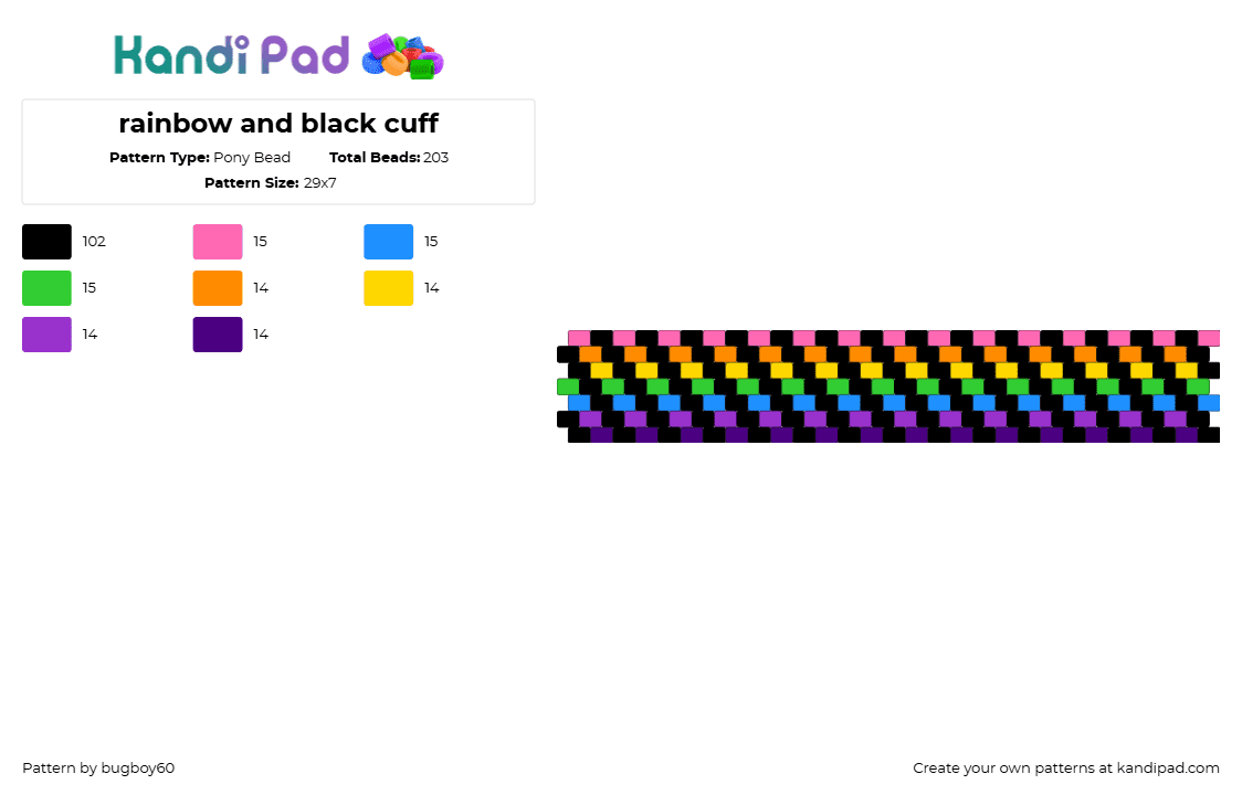 rainbow and black cuff - Pony Bead Pattern by bugboy60 on Kandi Pad - colorful,diagonal,stripes,dark,cuff,black