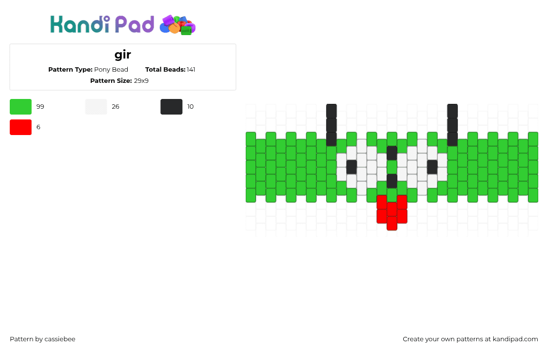 gir - Pony Bead Pattern by cassiebee on Kandi Pad - gir,invader zim,tongue,face,cuff,cartoon,tv show,green