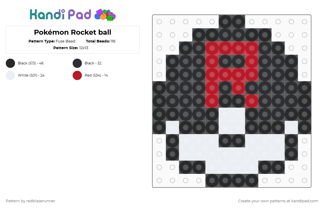 Pokémon Rocket ball - Fuse Bead Pattern by redblazerunner on Kandi Pad - black,white,red