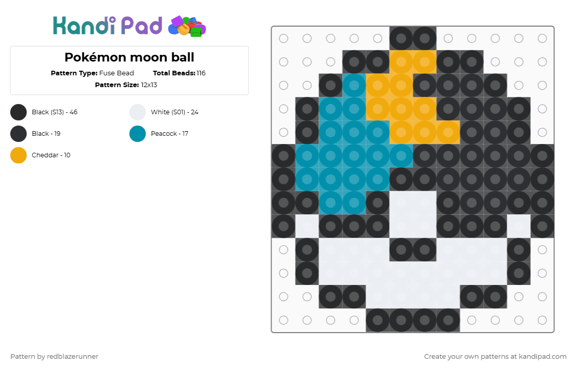 Pokémon moon ball - Fuse Bead Pattern by redblazerunner on Kandi Pad - black,teal,orange