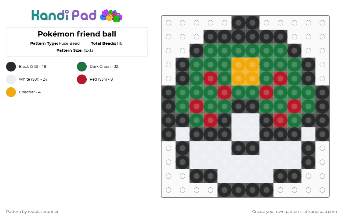 Pokémon friend ball - Fuse Bead Pattern by redblazerunner on Kandi Pad - green