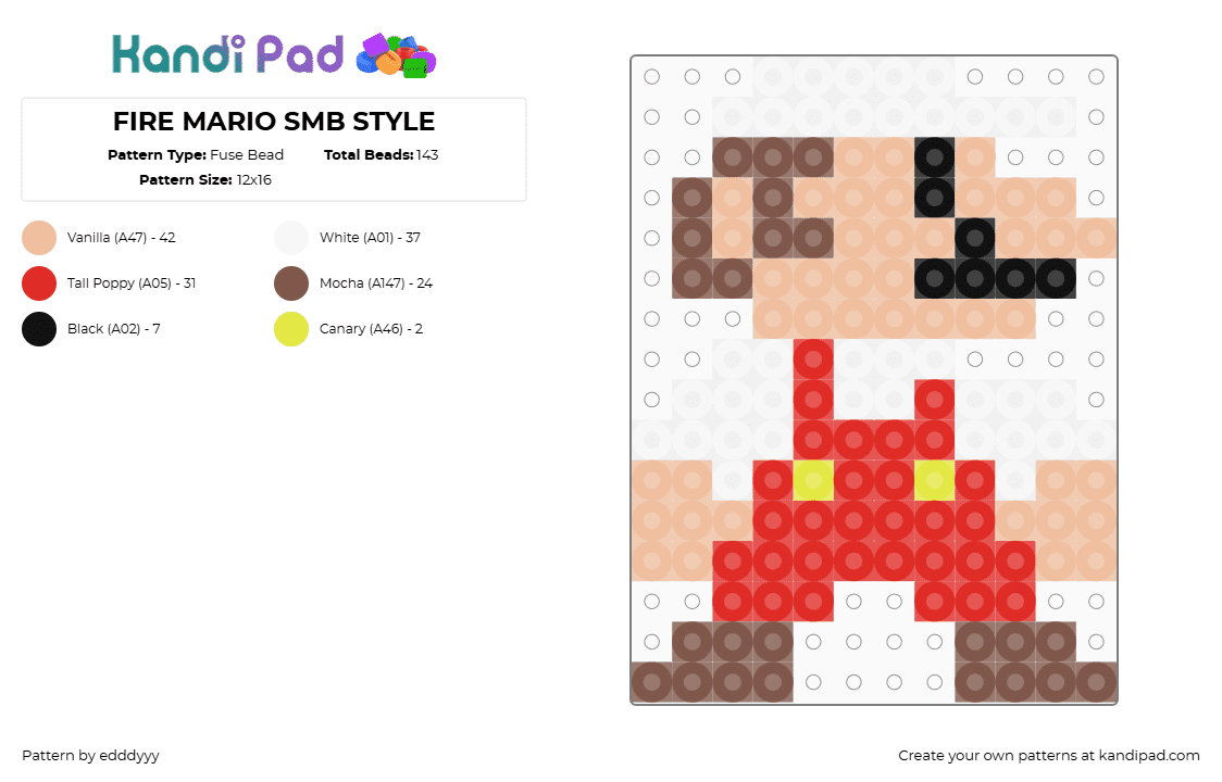 FIRE MARIO SMB STYLE - Fuse Bead Pattern by edddyyy on Kandi Pad - mario,nintendo,character,video game,retro,white,red,tan