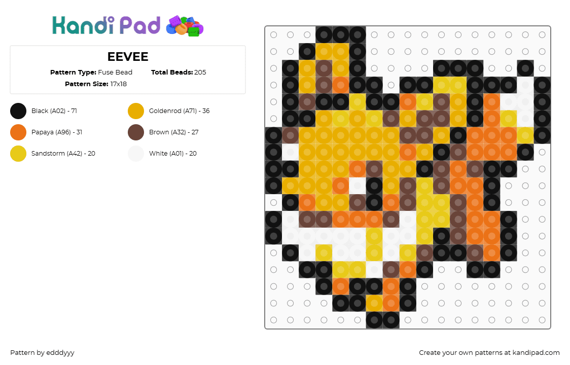 EEVEE - Fuse Bead Pattern by edddyyy on Kandi Pad - eevee,pokemon,gaming,character,yellow,orange