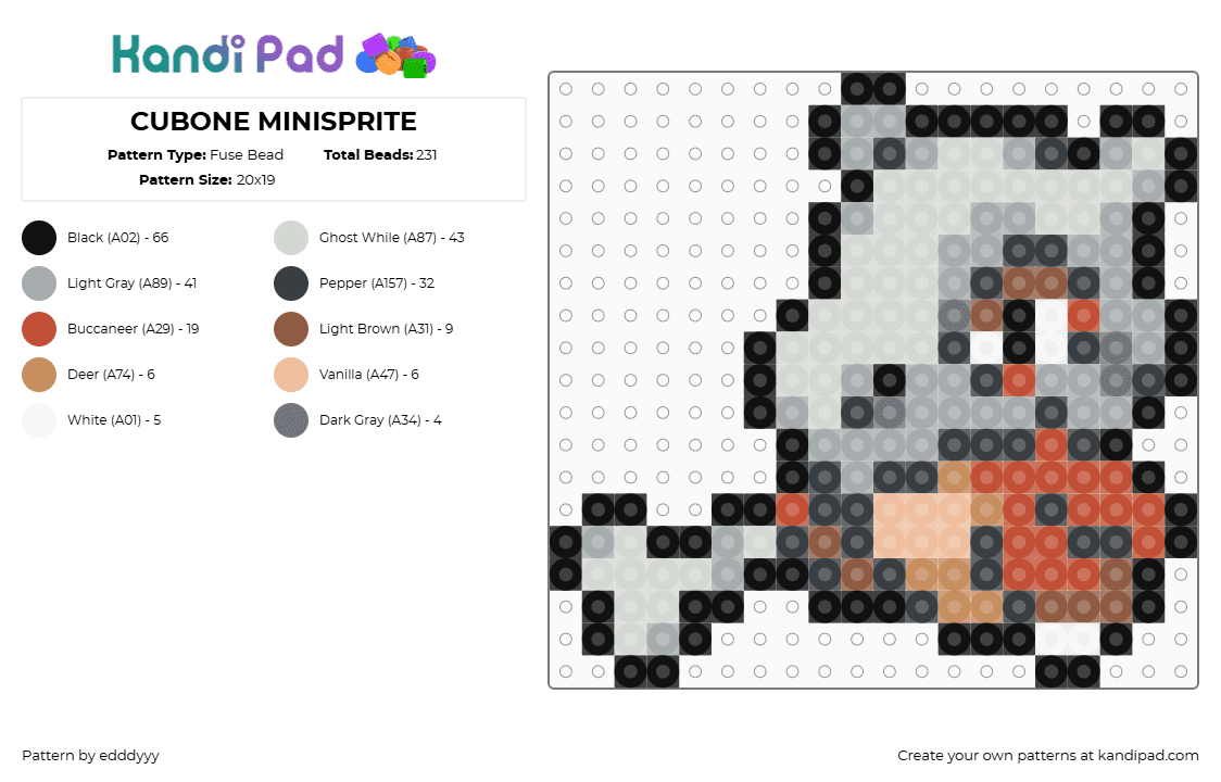 CUBONE MINISPRITE - Fuse Bead Pattern by edddyyy on Kandi Pad - gray