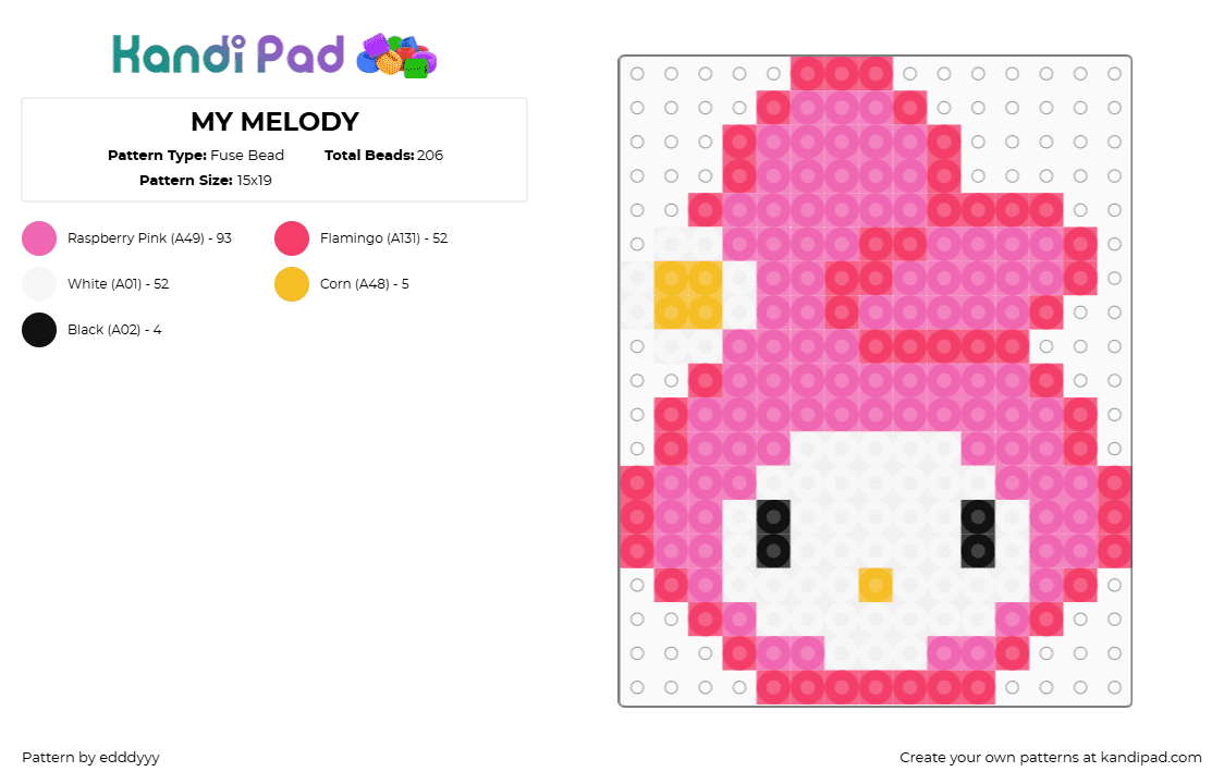 MY MELODY - Fuse Bead Pattern by edddyyy on Kandi Pad - my melody,sanrio,head,character,white,pink