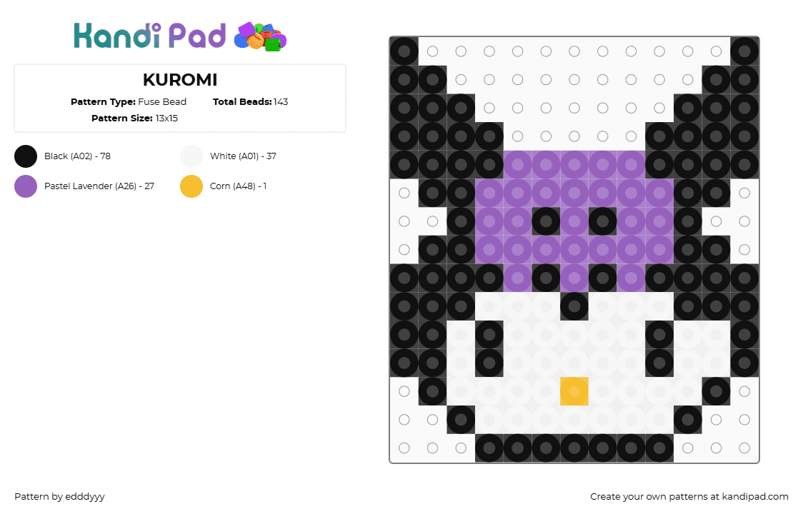 KUROMI - Fuse Bead Pattern by edddyyy on Kandi Pad - kuromi,sanrio,head,character,white,black,purple