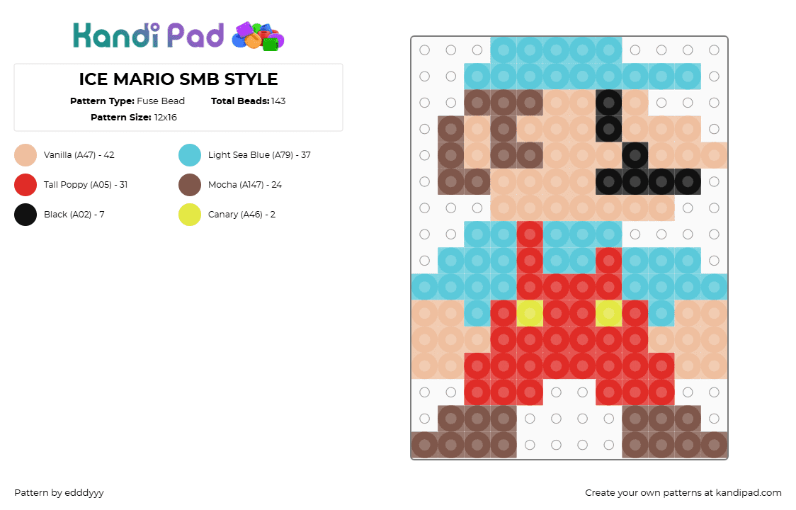 ICE MARIO SMB STYLE - Fuse Bead Pattern by edddyyy on Kandi Pad - mario,nintendo,character,video game,retro,light blue,red,tan