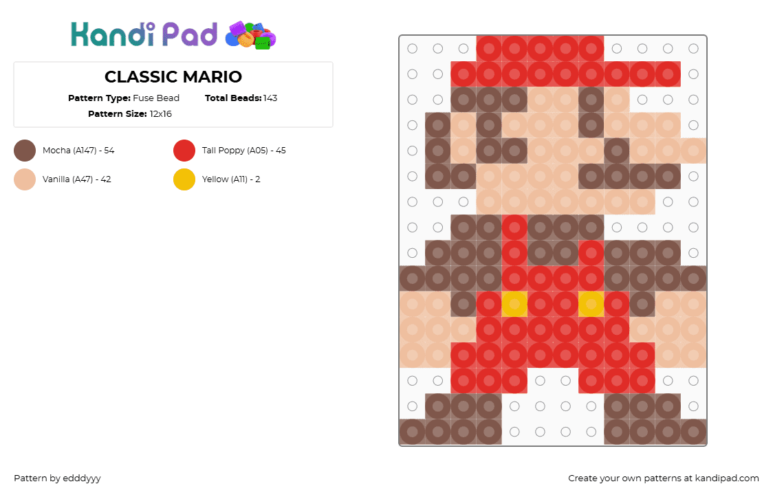 CLASSIC MARIO - Fuse Bead Pattern by edddyyy on Kandi Pad - mario,nintendo,character,video game,retro,brown,red,tan