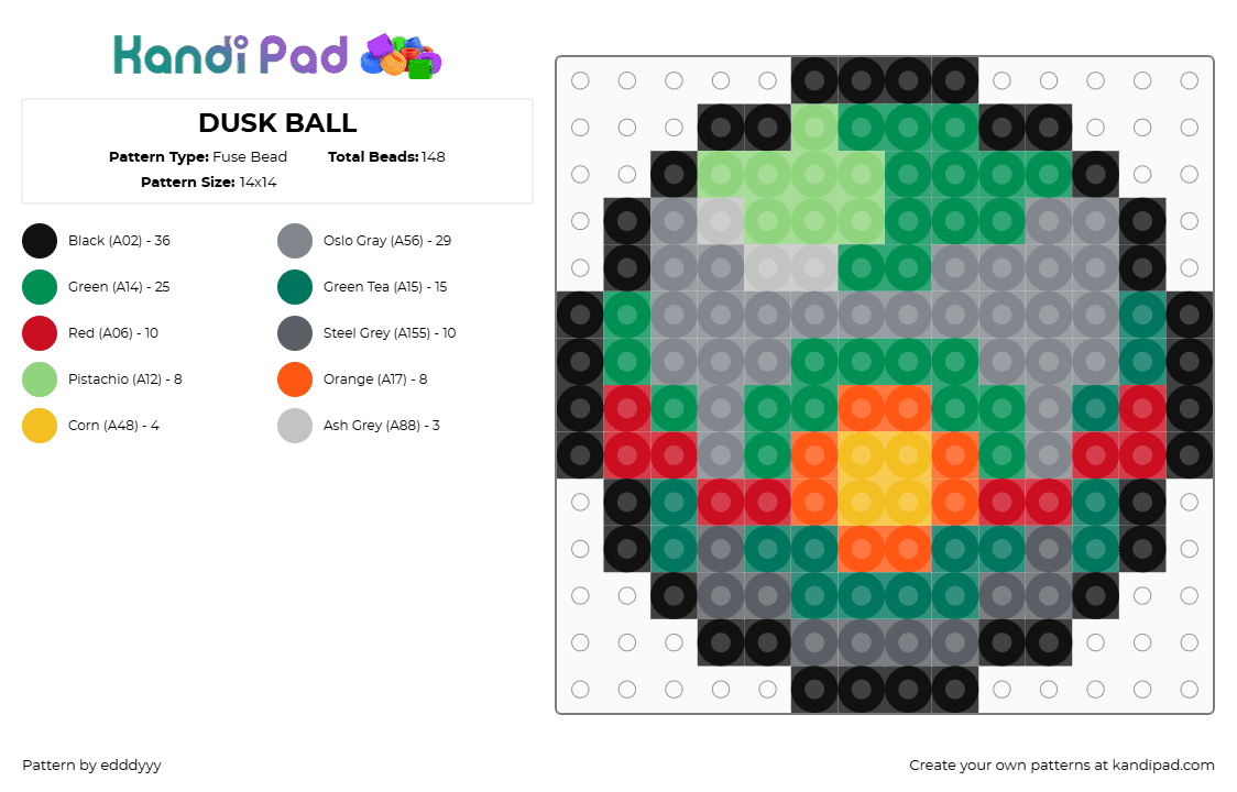 DUSK BALL - Fuse Bead Pattern by edddyyy on Kandi Pad - dusk ball,pokeball,gaming,green,orange