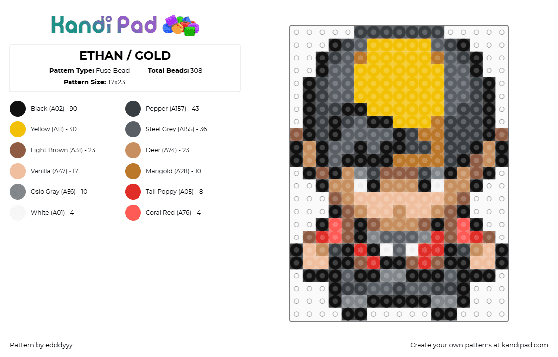 ETHAN / GOLD - Fuse Bead Pattern by edddyyy on Kandi Pad - ethan,pokemon,character,video game,gold,gray,tan