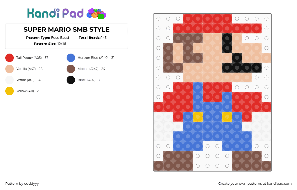 SUPER MARIO SMB STYLE - Fuse Bead Pattern by edddyyy on Kandi Pad - mario,nintendo,character,video game,retro,blue,red,tan