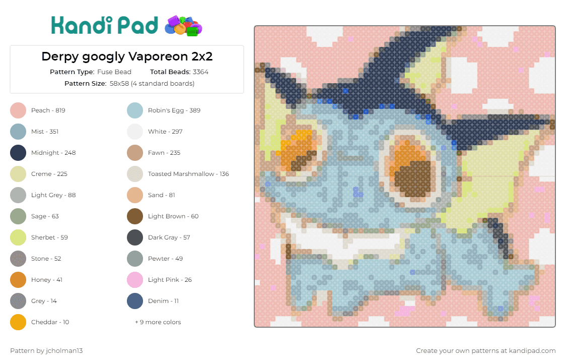 Derpy googly Vaporeon 2x2 - Fuse Bead Pattern by jcholman13 on Kandi Pad - vaporeon,pokemon,eevee,silly,whimsical,playful,character,blue