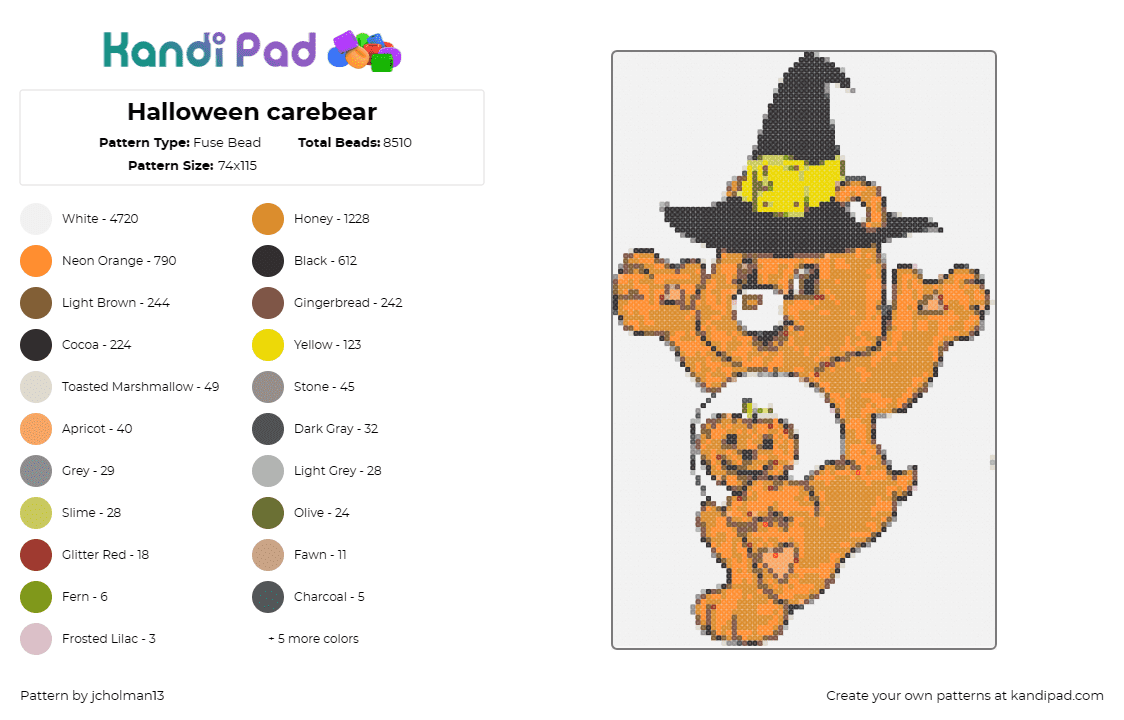 Halloween carebear - Fuse Bead Pattern by jcholman13 on Kandi Pad - care bear,halloween,pumpkin,witch,spooky,festive,cheerful,chilling,orange