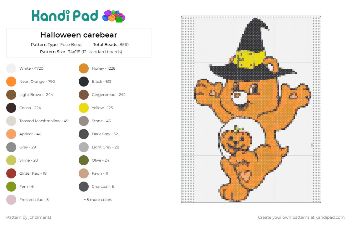 Halloween carebear - Fuse Bead Pattern by jcholman13 on Kandi Pad - care bear,halloween,pumpkin,witch,spooky,festive,cheerful,chilling,delightful,orange