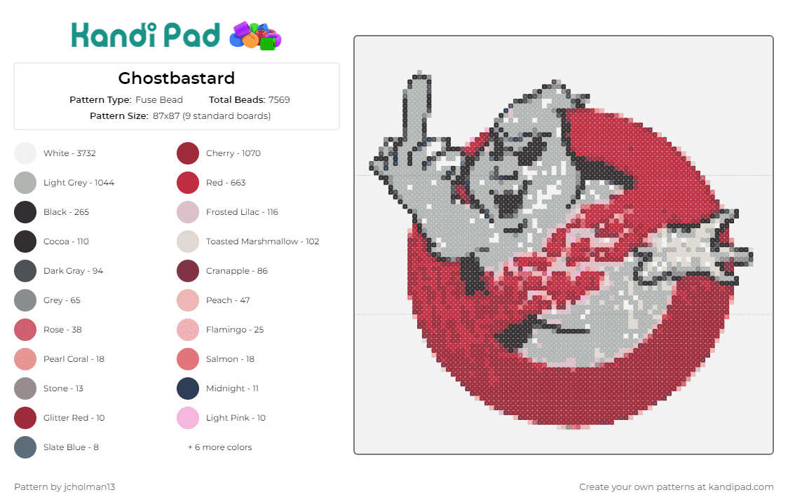 Ghostbastard - Fuse Bead Pattern by jcholman13 on Kandi Pad - ghost busters,nostalgic,movie,quirky,iconic,playful,theme,logo,fans,crafts,red,white