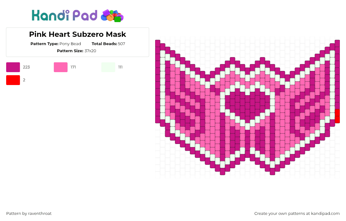 Pink Heart Subzero Mask - Pony Bead Pattern by raventhroat on Kandi Pad - heart,love,mask,geometric,pink,white