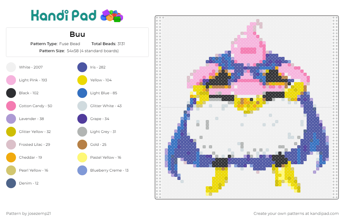 Buu - Fuse Bead Pattern by josezemp21 on Kandi Pad - majin buu,dragon ball z,manga,anime,character,cape,pink,white,blue