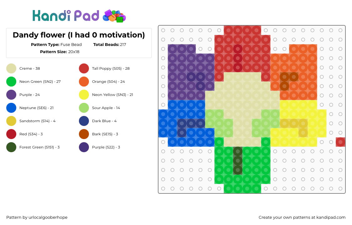 Dandy flower (I had 0 motivation) - Fuse Bead Pattern by urlocalgooberhope on Kandi Pad - yellow,green,red