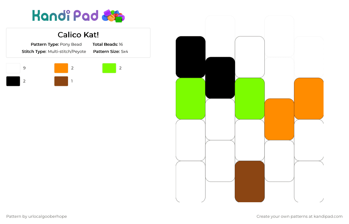 Calico Kat! - Pony Bead Pattern by urlocalgooberhope on Kandi Pad - white,orange,green,calico