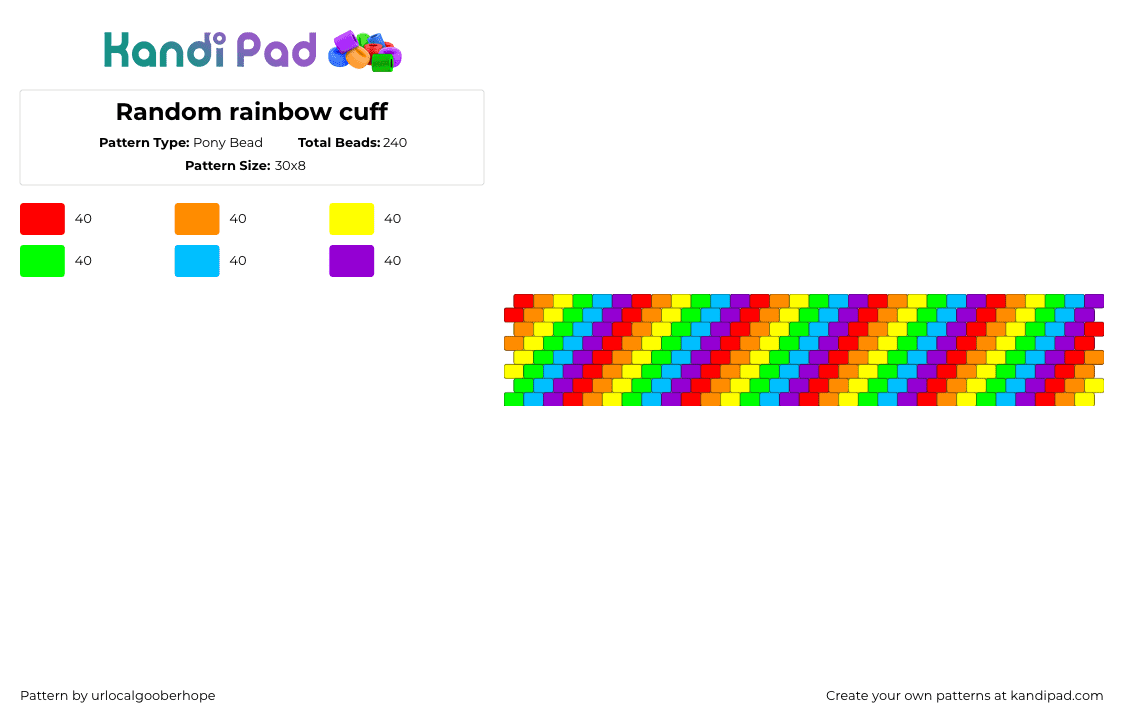 Random rainbow cuff - Pony Bead Pattern by urlocalgooberhope on Kandi Pad - neon,rainbow,diagonal,stripes,cuff