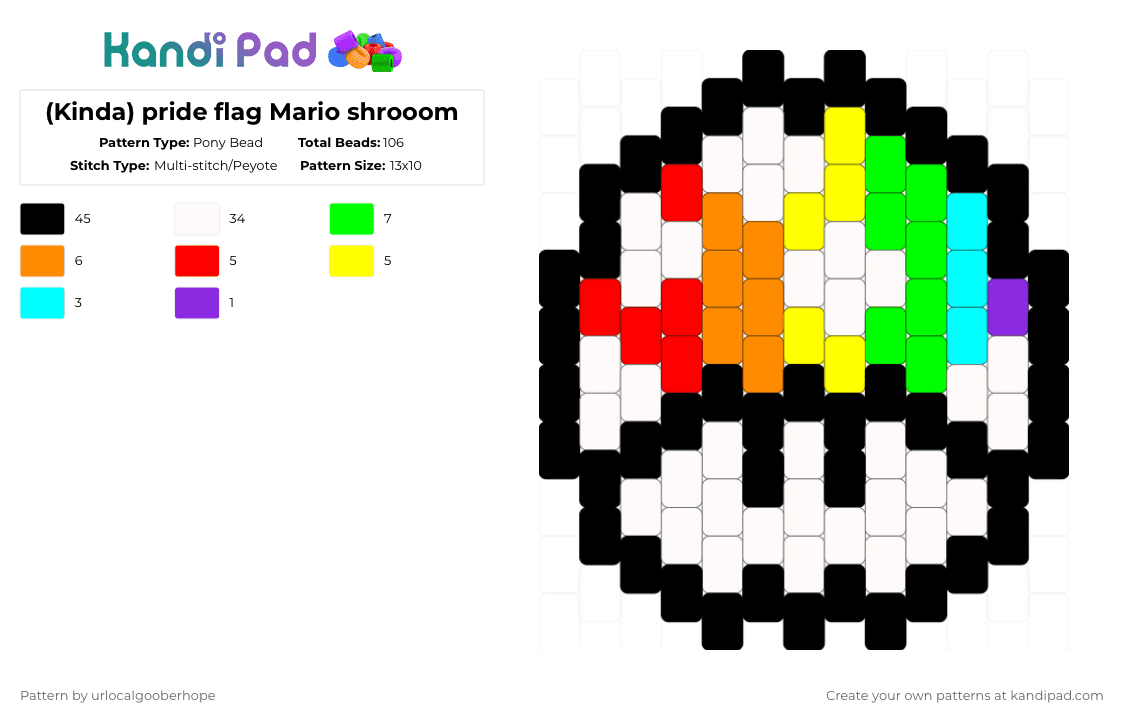 (Kinda) pride flag Mario shrooom - Pony Bead Pattern by urlocalgooberhope on Kandi Pad - black,white,orange,green,colorful,mushroom,mario,pride