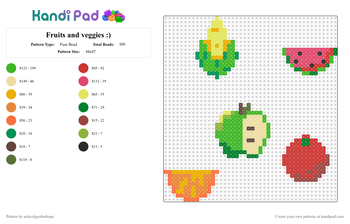 Fruits and veggies :) - Fuse Bead Pattern by urlocalgooberhope on Kandi Pad - cotdhealthyfood, green, orange, red