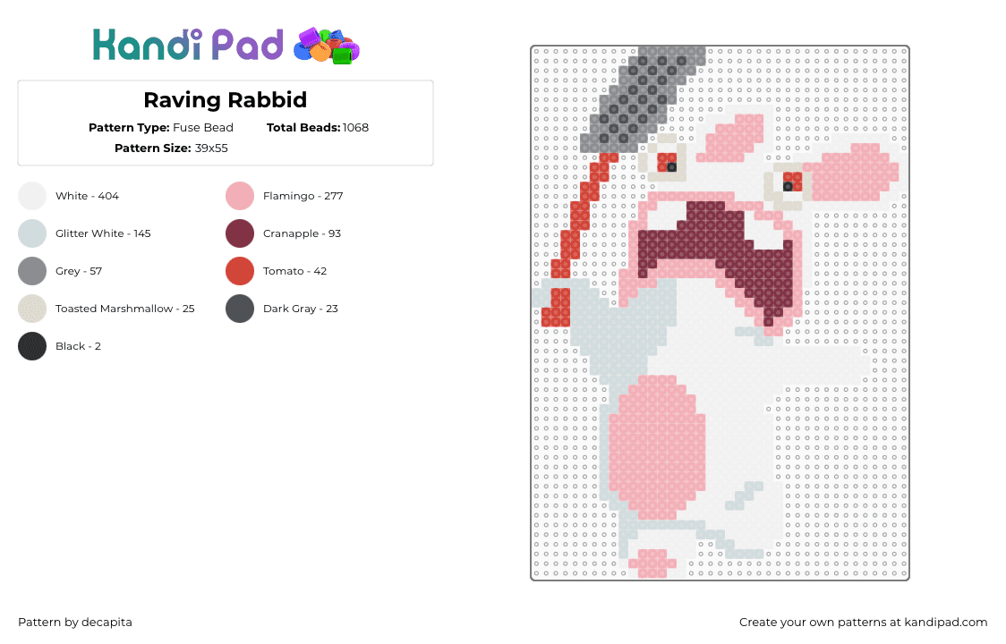 Raving Rabbid - Fuse Bead Pattern by decapita on Kandi Pad - rayman,raving rabbids,rabbit,video game,character,white,pink