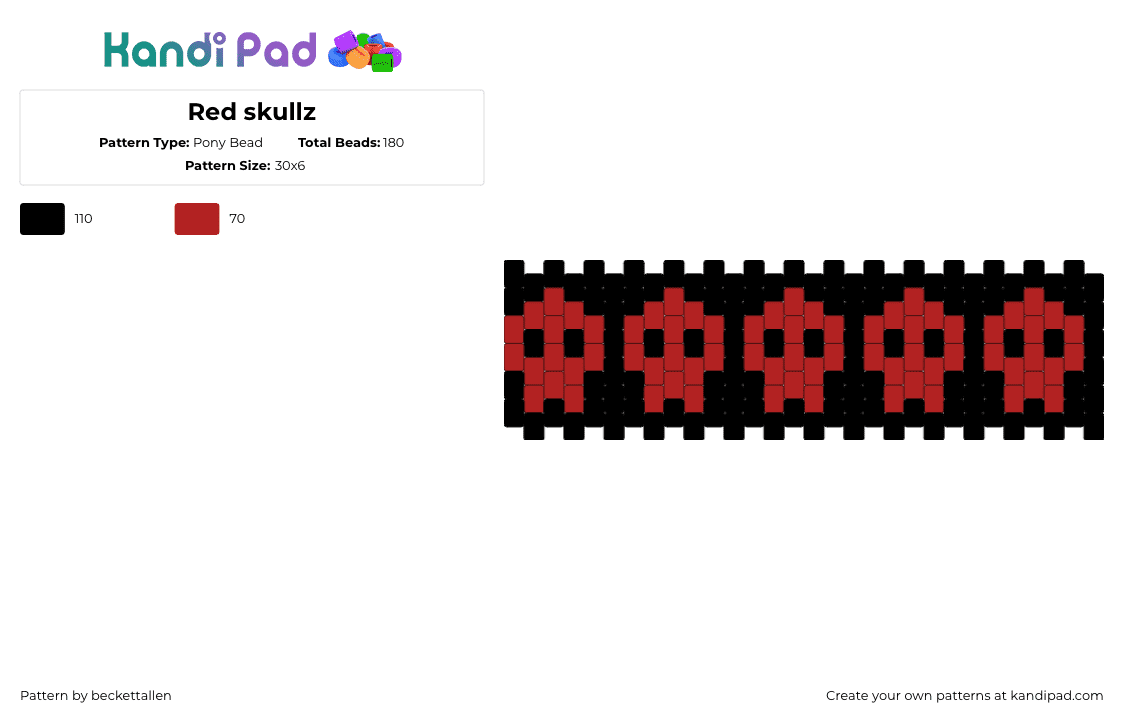 Red skullz - Pony Bead Pattern by beckettallen on Kandi Pad - skulls,repeating,halloween,spooky,dark,cuff,red,black