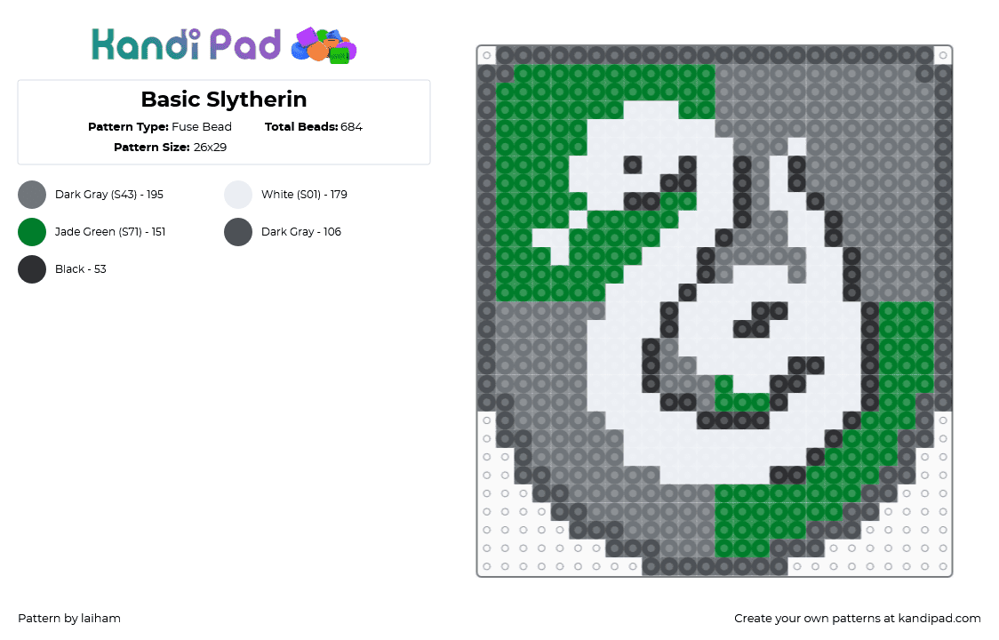 Basic Slytherin - Fuse Bead Pattern by laiham on Kandi Pad - slytherin,harry potter,crest,logo,shield,snake,wizard,book,story,movie,green,gray,white