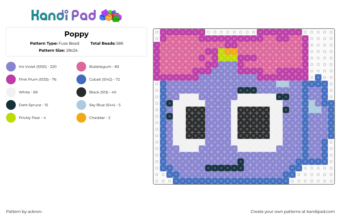 Poppy - Fuse Bead Pattern by ackron- on Kandi Pad - poppy,dandys world,bow,eyes,head,character,purple,pink