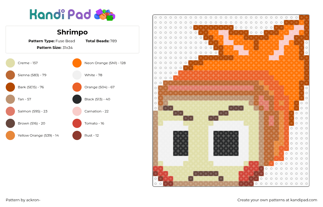 Shrimpo - Fuse Bead Pattern by ackron- on Kandi Pad - shrimpo,dandys world,head,video game,character,orange,tan