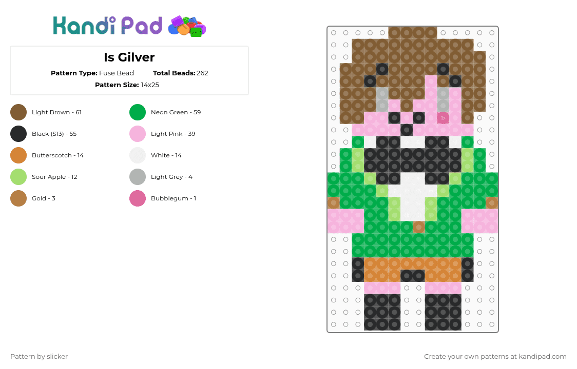 Is Gilver - Fuse Bead Pattern by slicker on Kandi Pad - pink,tan,green,oc,ghost