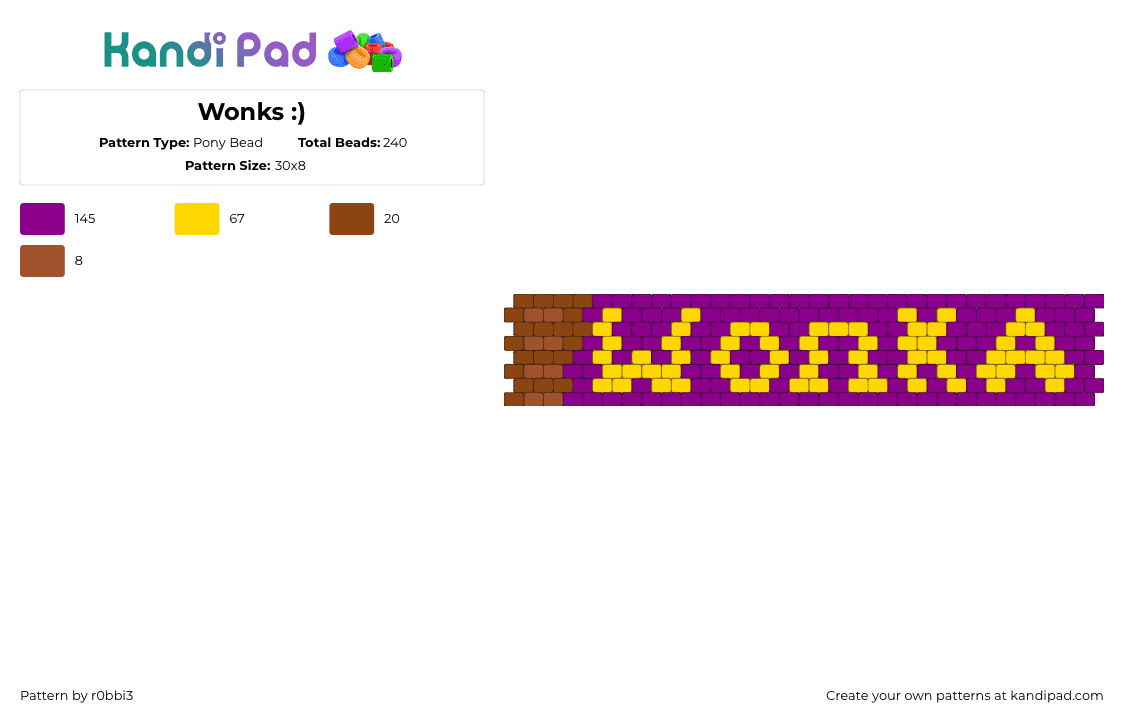 Wonks :) - Pony Bead Pattern by r0bbi3 on Kandi Pad - wonka bar,willy wonka,chocolate,candy,cuff,movie,story,yellow,purple