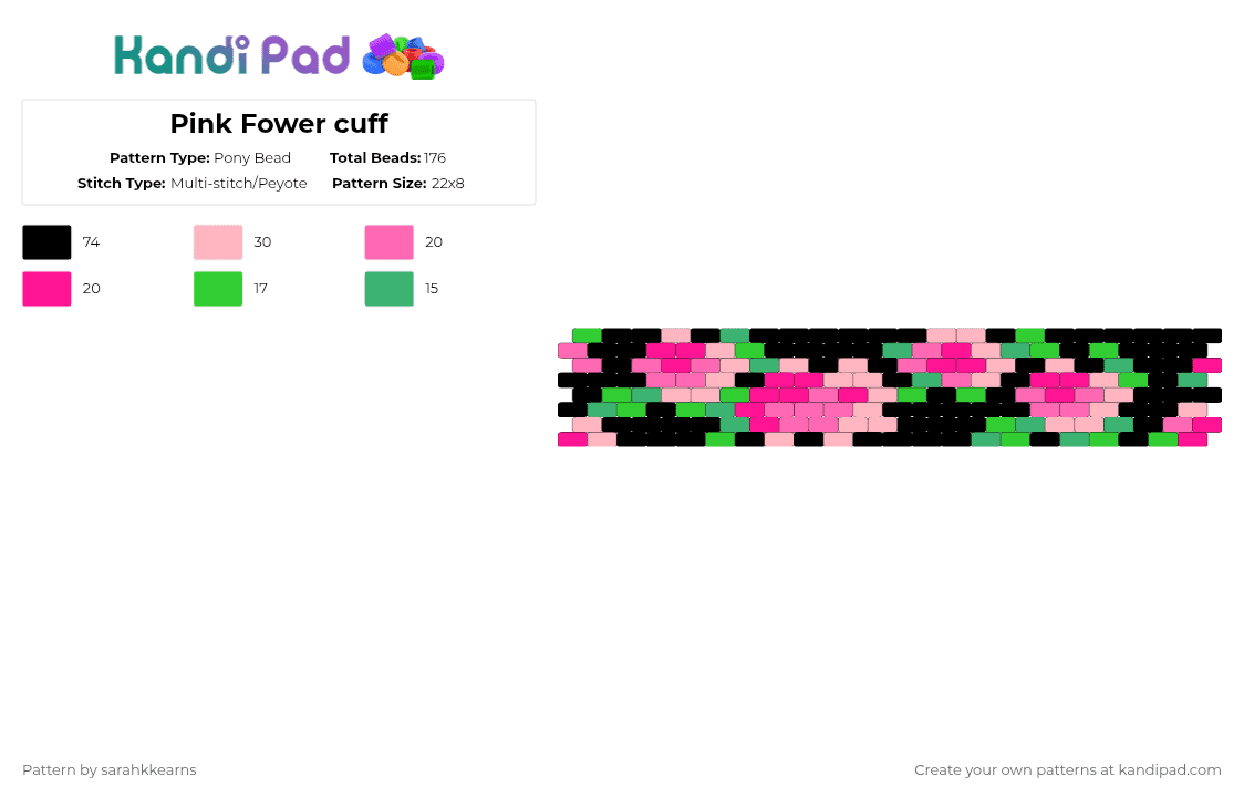 Pink Fower cuff - Pony Bead Pattern by sarahkkearns on Kandi Pad - green,pink