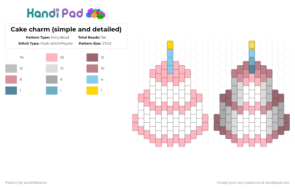 Cake charm (simple and detailed) - Pony Bead Pattern by sarahkkearns on Kandi Pad - white,pink,gray