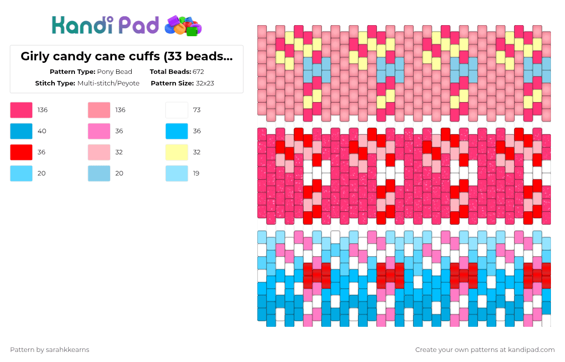 Girly candy cane cuffs (33 beads wide) - Pony Bead Pattern by sarahkkearns on Kandi Pad - pink,red