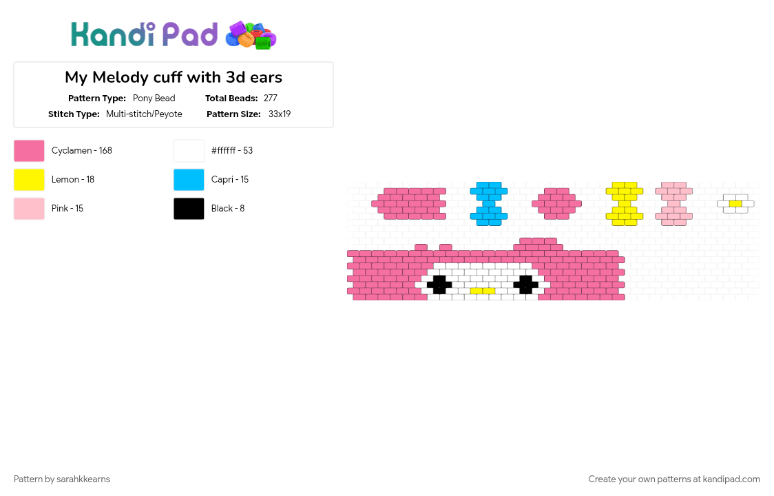 My Melody cuff with 3d ears - Pony Bead Pattern by sarahkkearns on Kandi Pad - pink