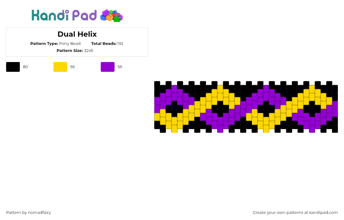 Dual Helix - Pony Bead Pattern by nomadfairy on Kandi Pad - dna,double helix,zig zag,swirl,cuff,geometric,black,yellow,purple