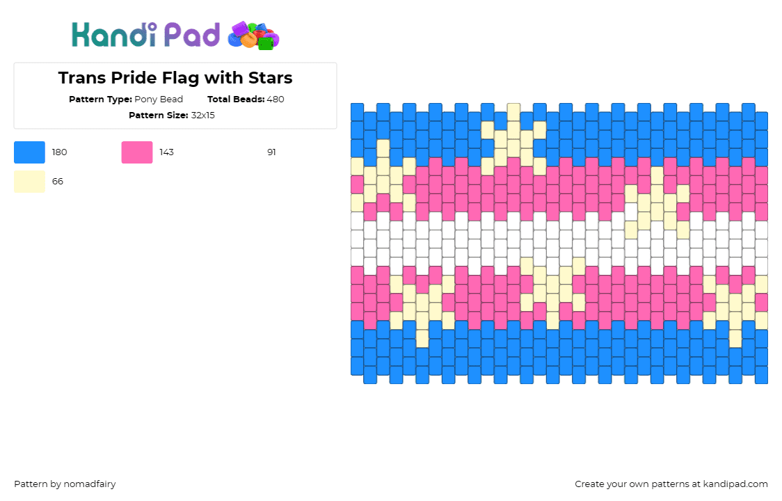 Trans Pride Flag with Stars - Pony Bead Pattern by nomadfairy on Kandi Pad - trans,pride,stars,cuff,pink,blue,white