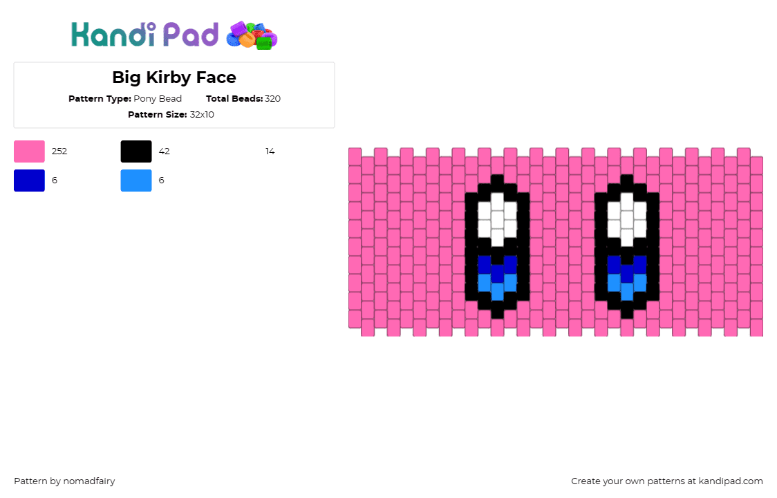 Big Kirby Face - Pony Bead Pattern by nomadfairy on Kandi Pad - kirby,nintendo,eyes,cute,cuff,video game,pink