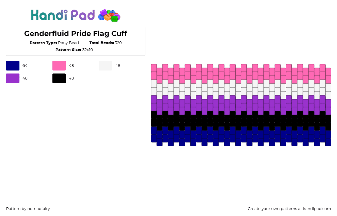 Genderfluid Pride Flag Cuff - Pony Bead Pattern by nomadfairy on Kandi Pad - genderfluid,pride,cuff,blue,pink