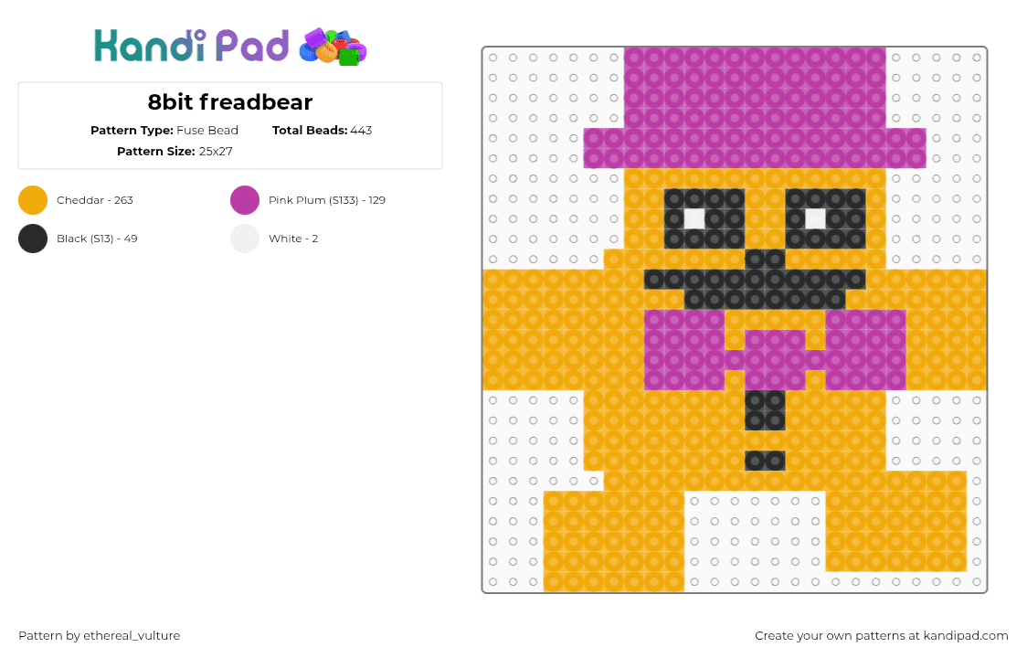 8bit freadbear - Fuse Bead Pattern by ethereal_vulture on Kandi Pad - fredbear,fnaf,five nights at freddys,8bit,character,video game,horror,yellow,pink