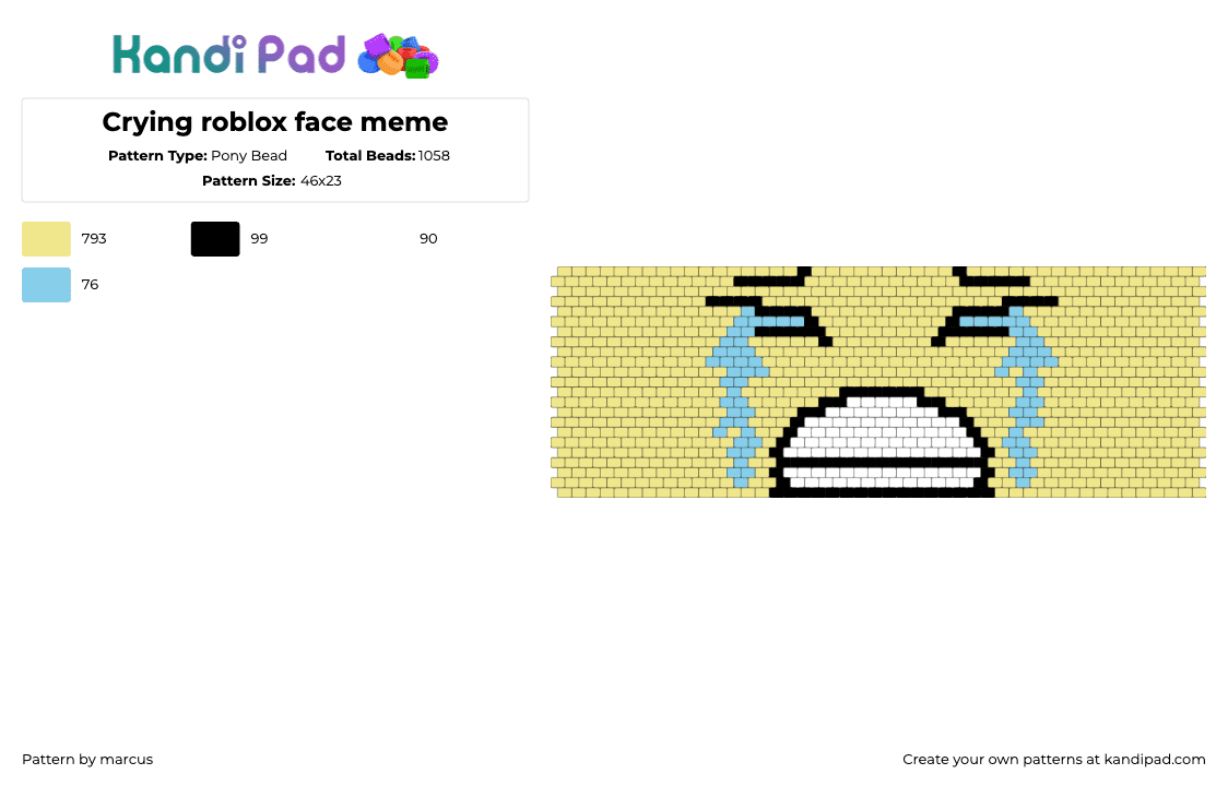 Crying roblox face meme - Pony Bead Pattern by marcus on Kandi Pad - face,crying,roblox,cuff,video game,yellow,beige