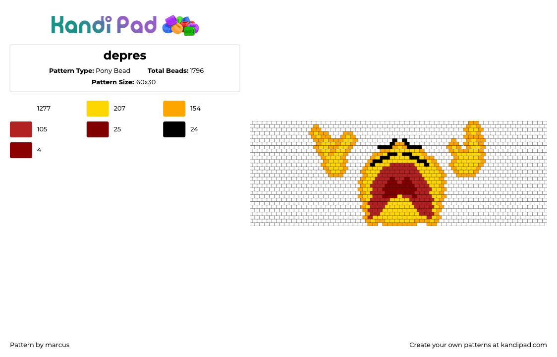 depres - Pony Bead Pattern by marcus on Kandi Pad - emoji,sad,smiley,cuff,frown,yellow,red,white