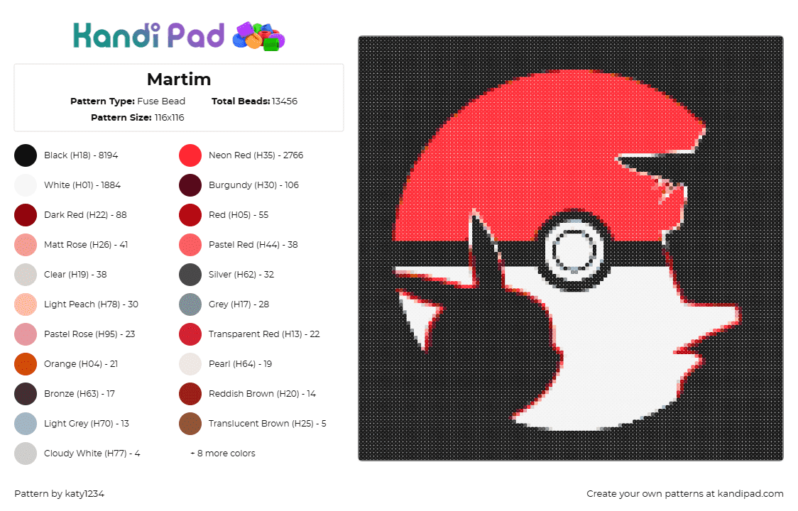 Martim - Fuse Bead Pattern by katy1234 on Kandi Pad - pokemon,pokeball,pikachu,ash ketchum,silhouette,anime,red,white,black