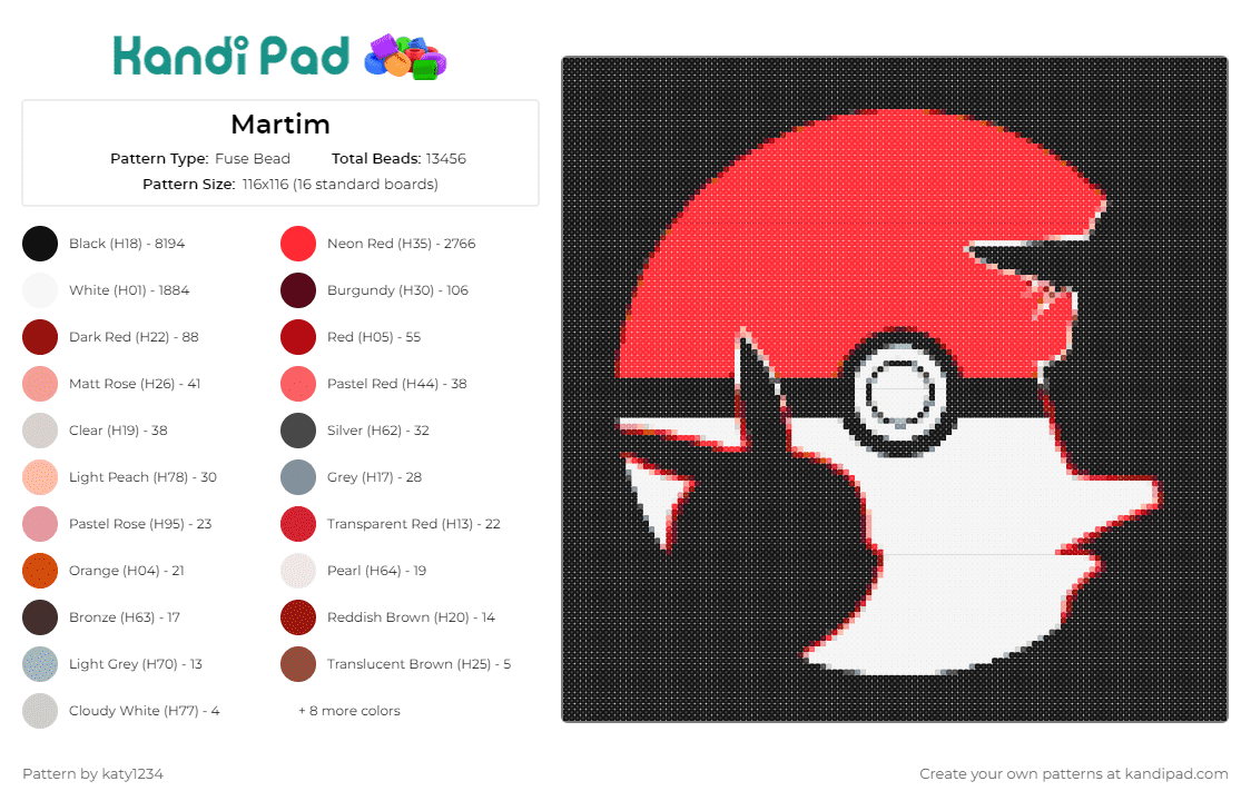 Martim - Fuse Bead Pattern by katy1234 on Kandi Pad - pokemon,pokeball,pikachu,ash ketchum,silhouette,anime,red,white,black
