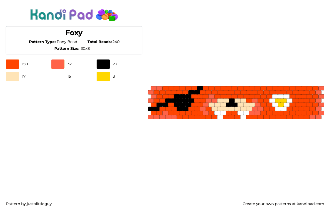 Foxy - Pony Bead Pattern by justalittleguy on Kandi Pad - foxy,fnaf,five nights at freddys,face,cuff,video game,orange