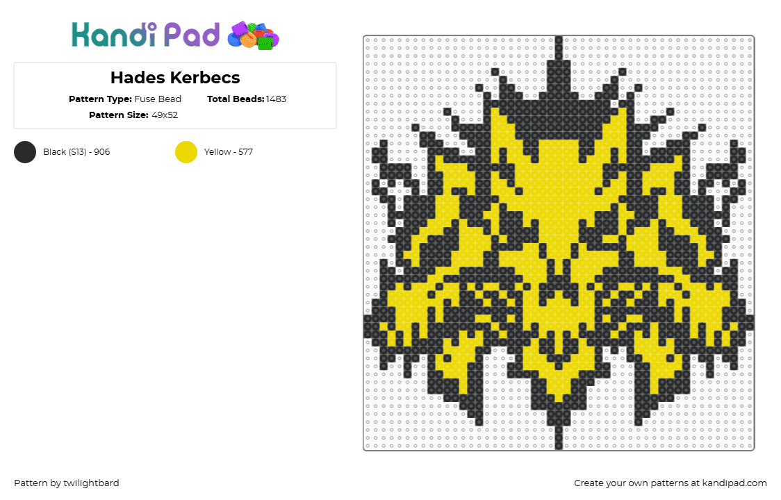 Hades Kerbecs - Fuse Bead Pattern by twilightbard on Kandi Pad - black,yellow,beyblade